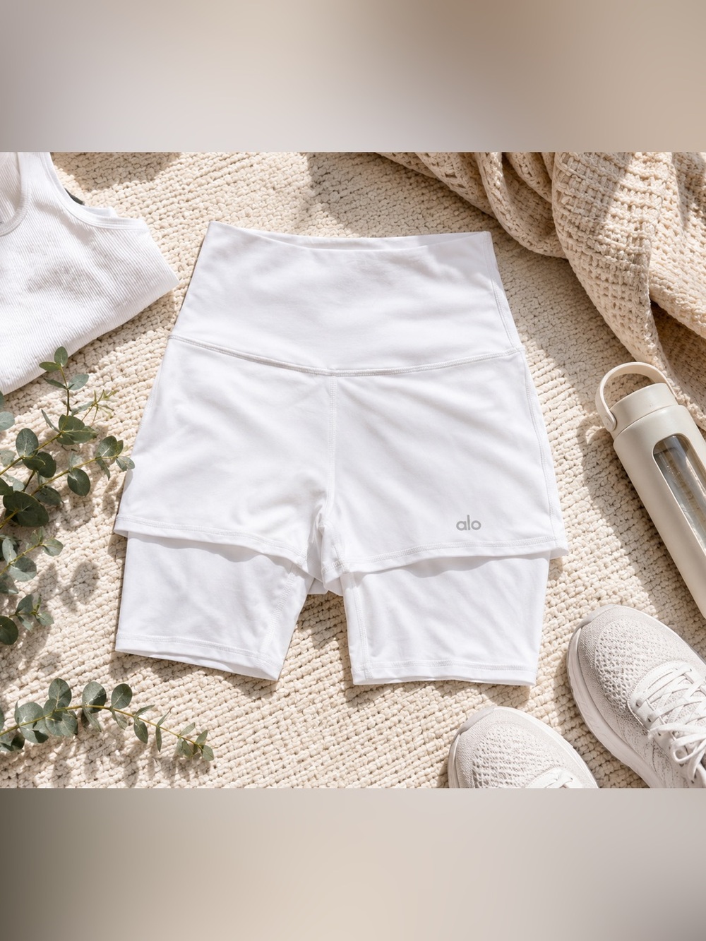 ALO Yoga White High-Rise Layered Bike/Running Shorts